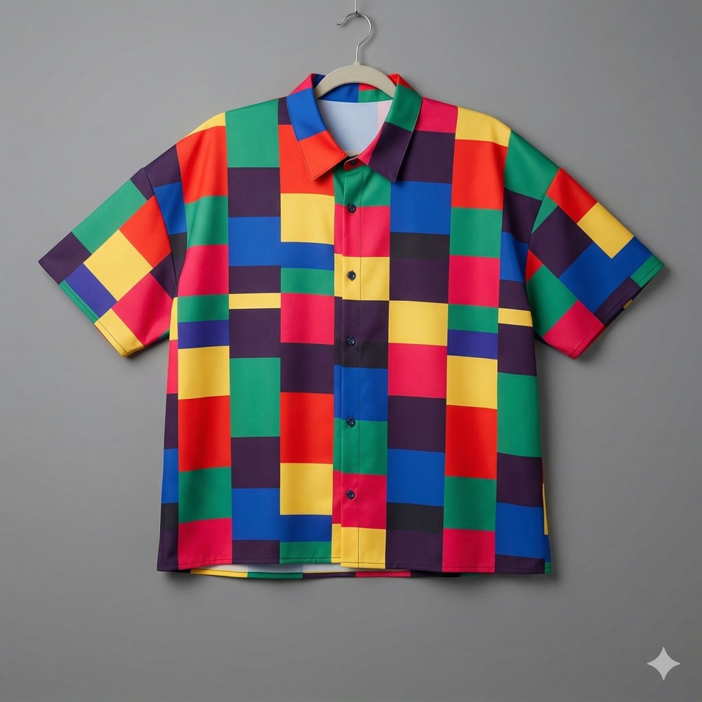 Mens XXL Colorful Geometric Button Up Shirt Short Sleeve Retro Festival Abstract